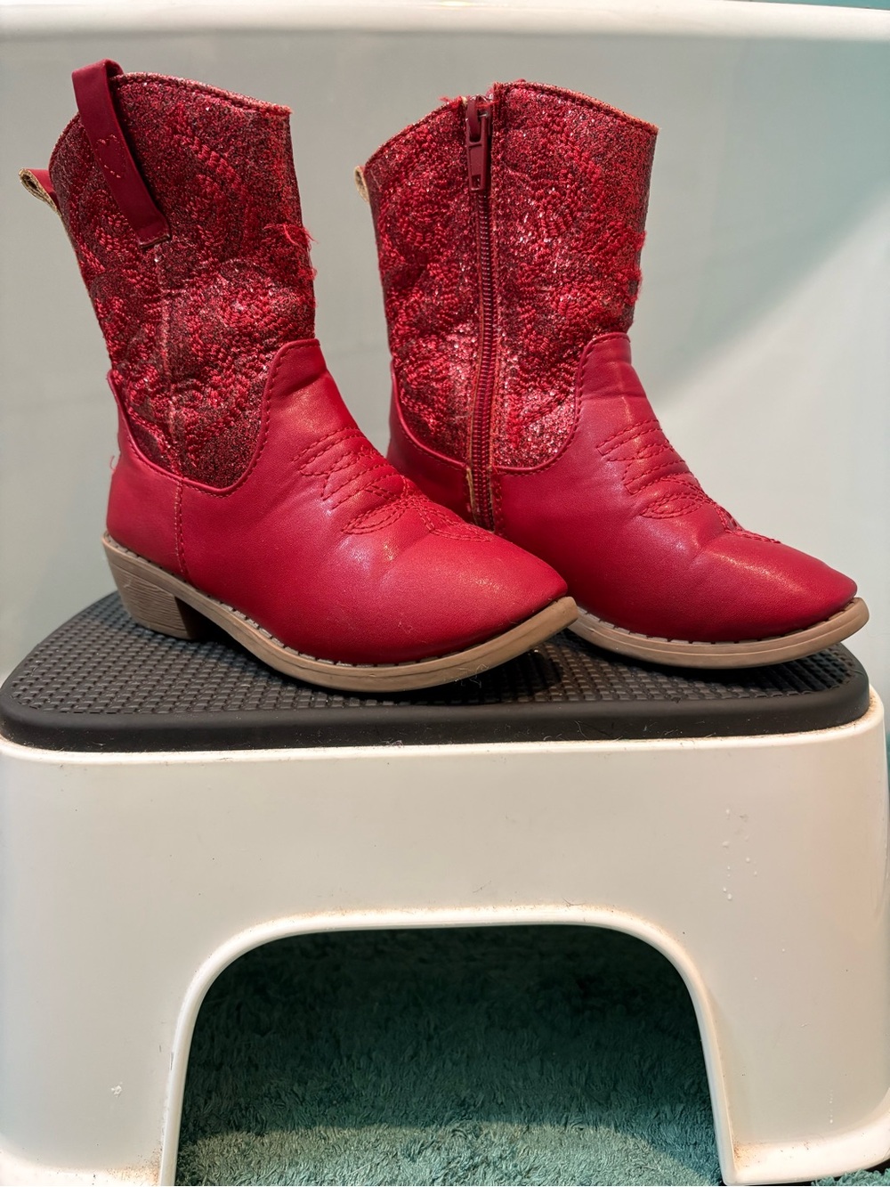 PAWZ Red Glittery Kids Western Boots with Side Zip